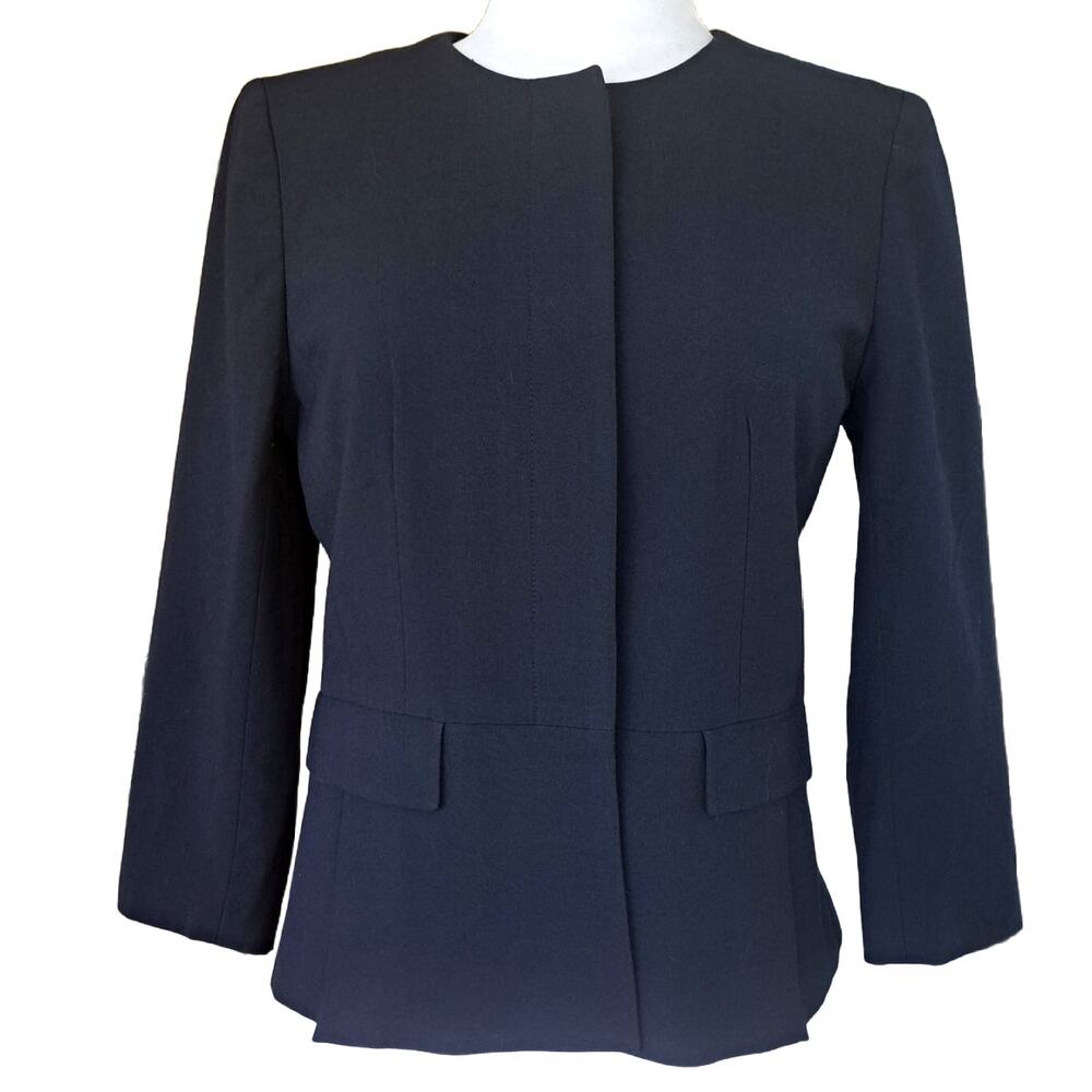 ANN TAYLOR Navy Blue Collarless Crewneck Jacket Button Blazer Size 6 Classic